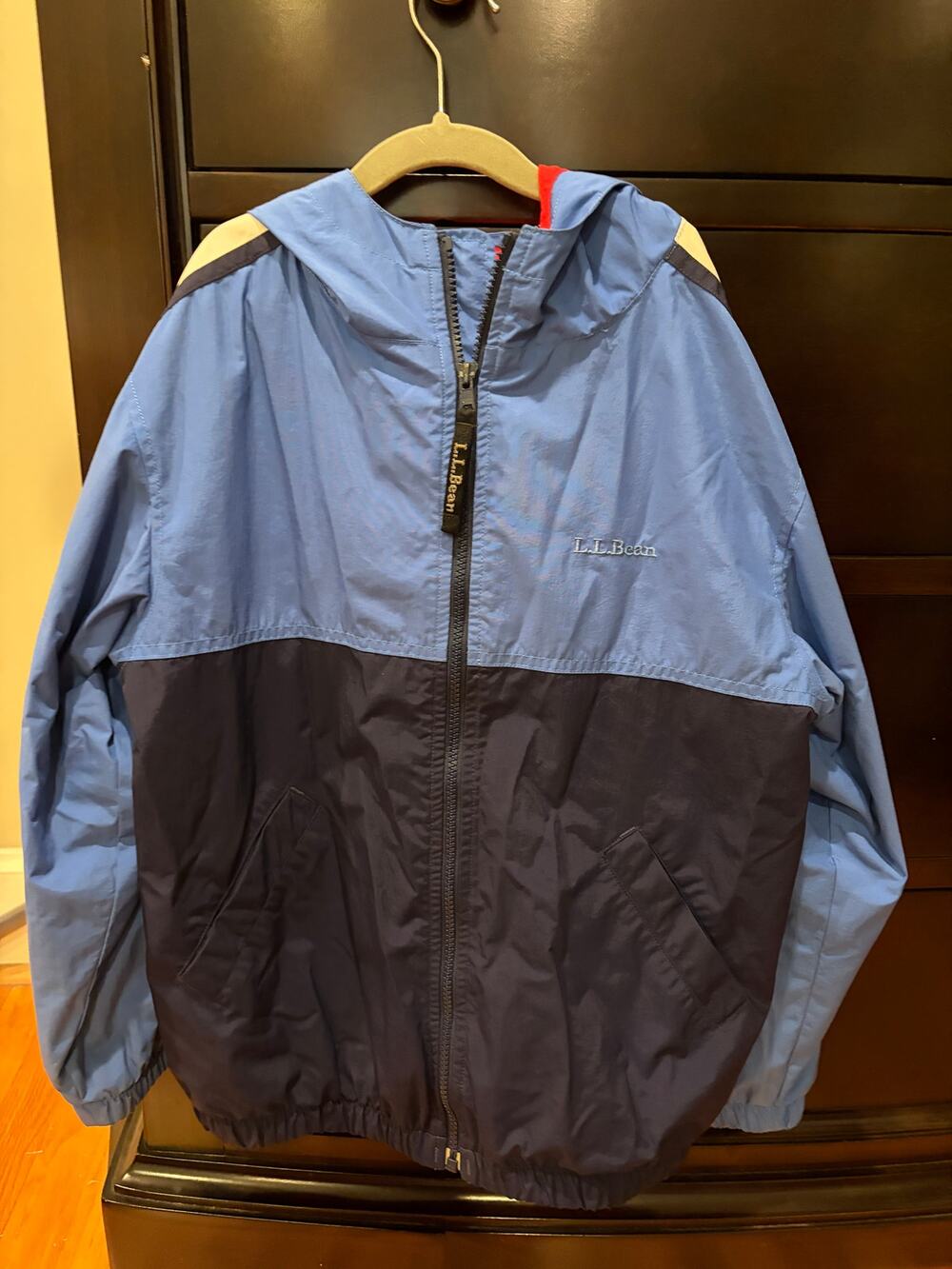 Land's End Boy's Size M 8-10 Light Blue/ Navy Windbreaker Red Fleece Inside